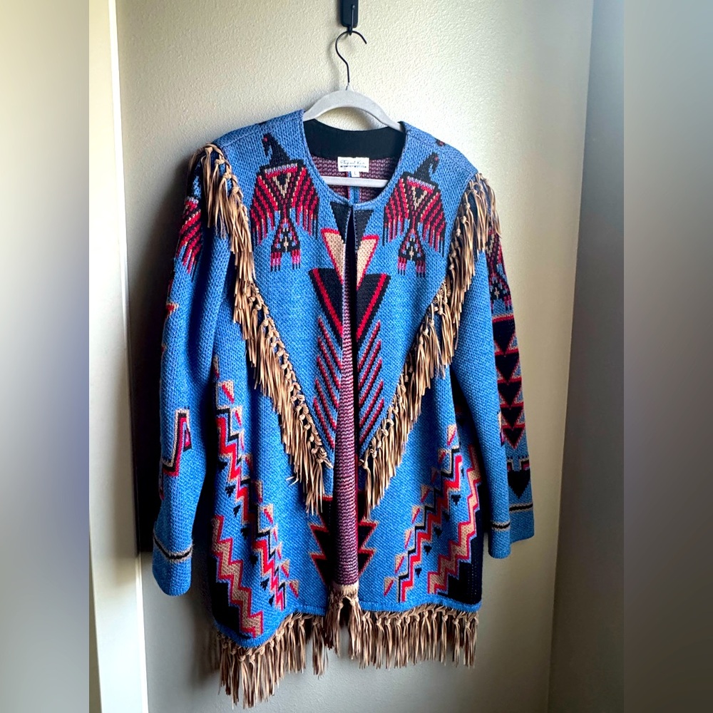 Made in USA Bohemian Cardigan with Thunderbird Design & Fringe, Blue, sz Lrg.